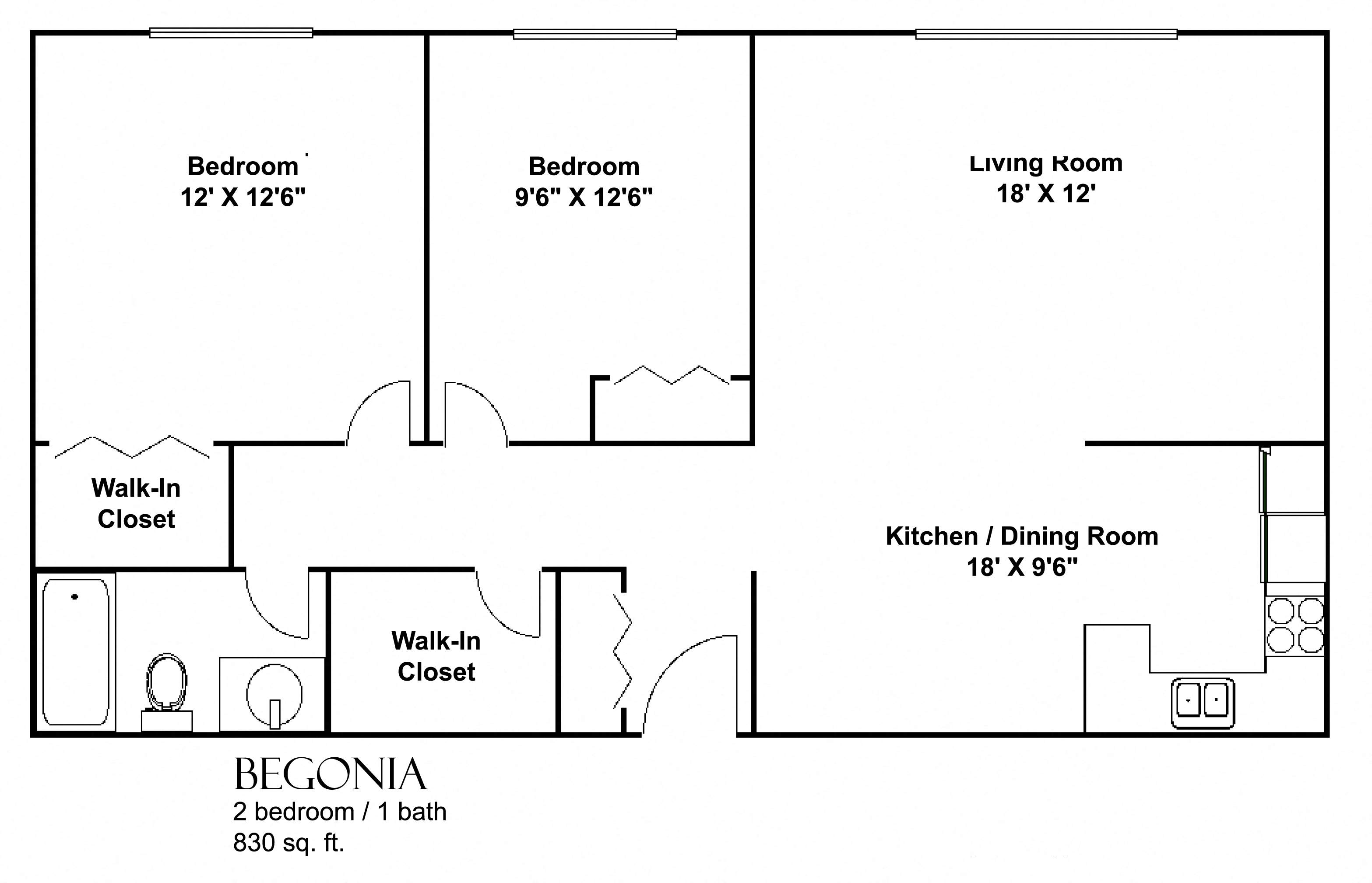 Floor plan for 2 beds, 1 bath, 830 sqft